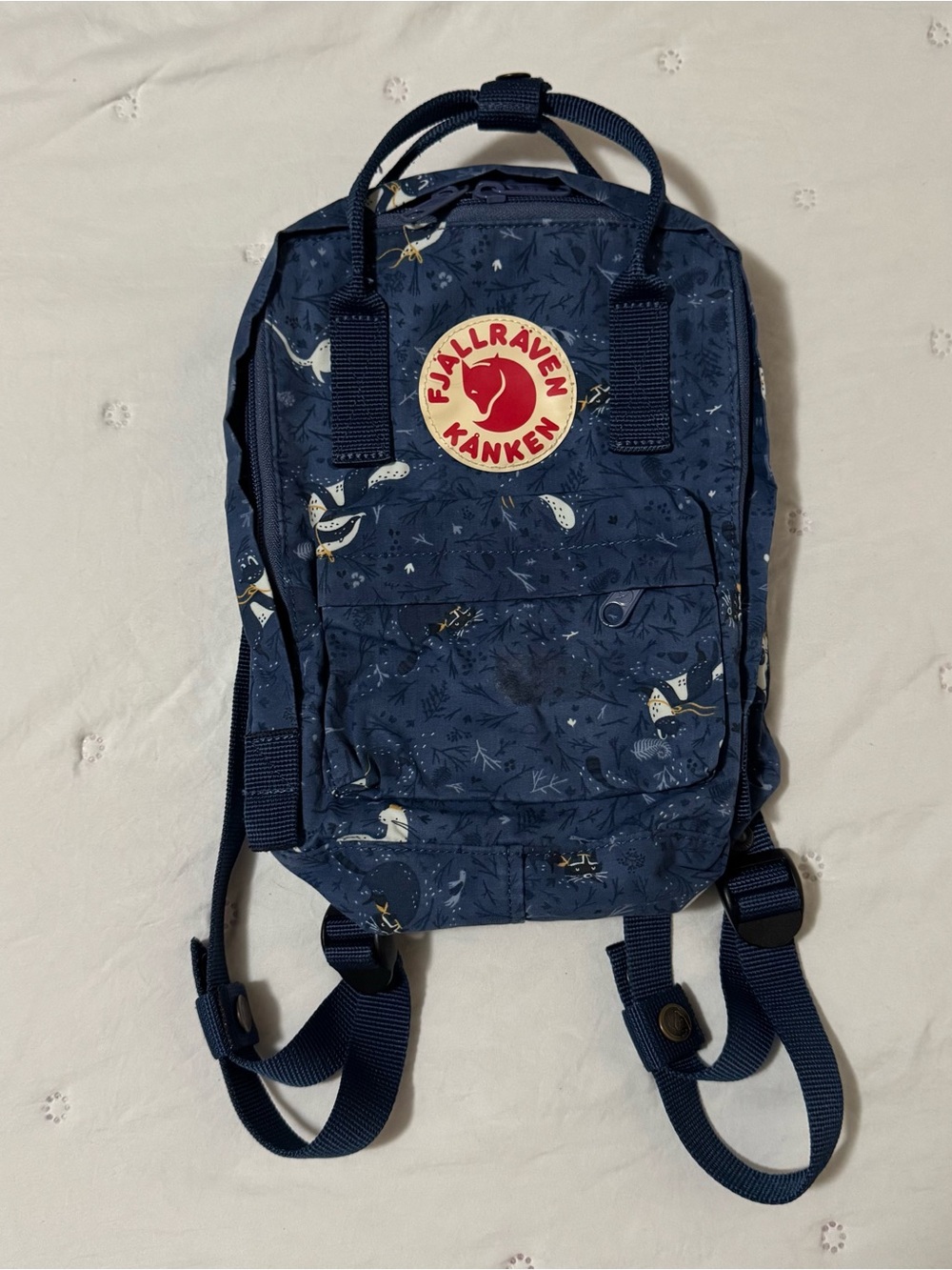 Fjallraven Kanken Kids Mini Backpack in Navy with Bird Print